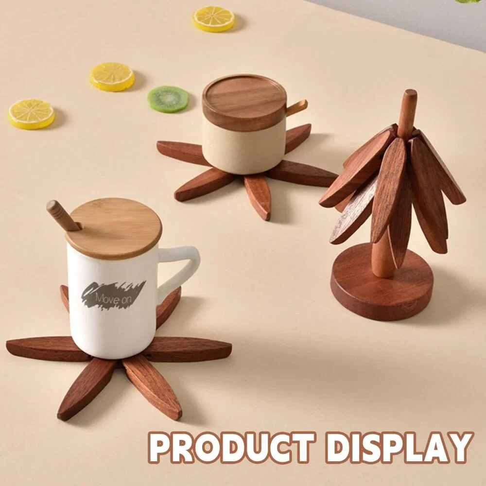 Wooden Trivets for Hot Dishes, Tree Shape Trivet Set, 4 Walnut Wood + 1 Stand st